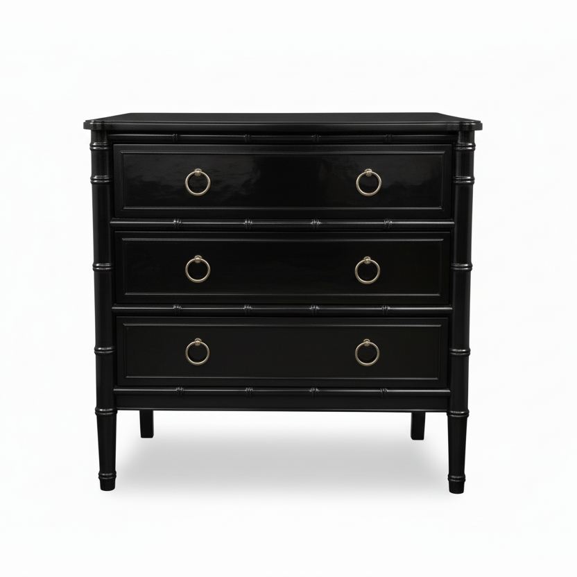 Black dresser with gold accents on a white background