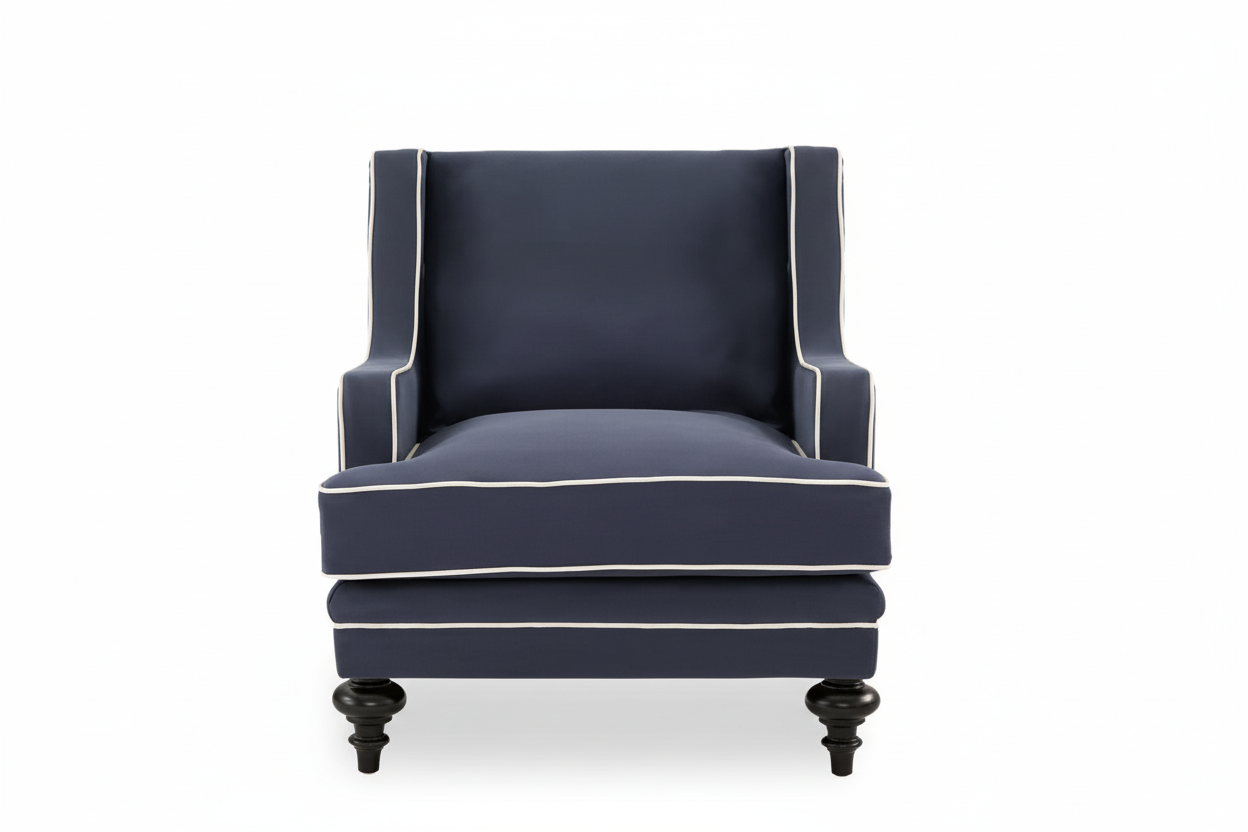 Navy armchair with white trim on a white background