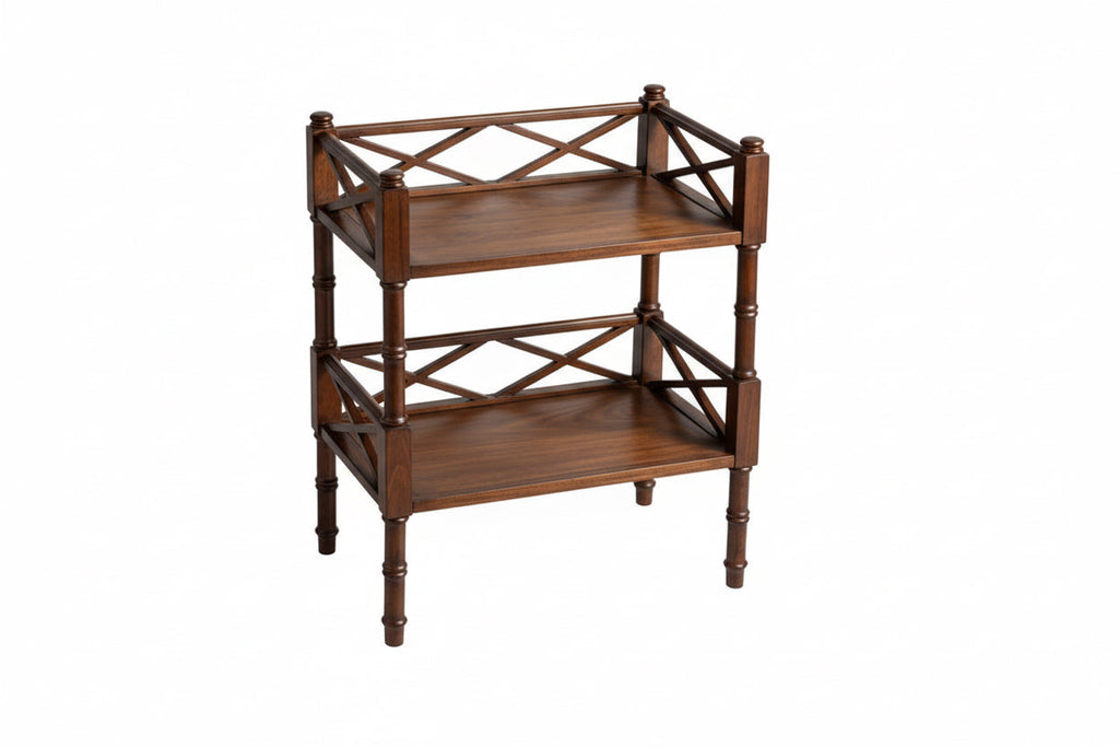 Two-tiered wooden shelf with metal frame on a white background