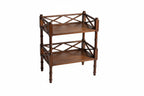 Two-tiered wooden shelf with metal frame on a white background