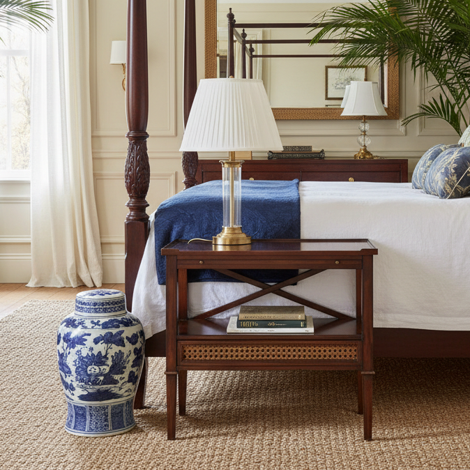 Wooden side table with a decorative design on a white background