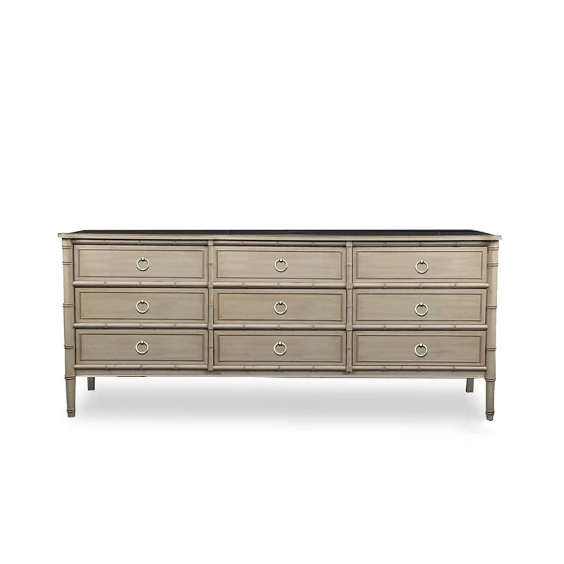 Wooden dresser with multiple drawers on a white background