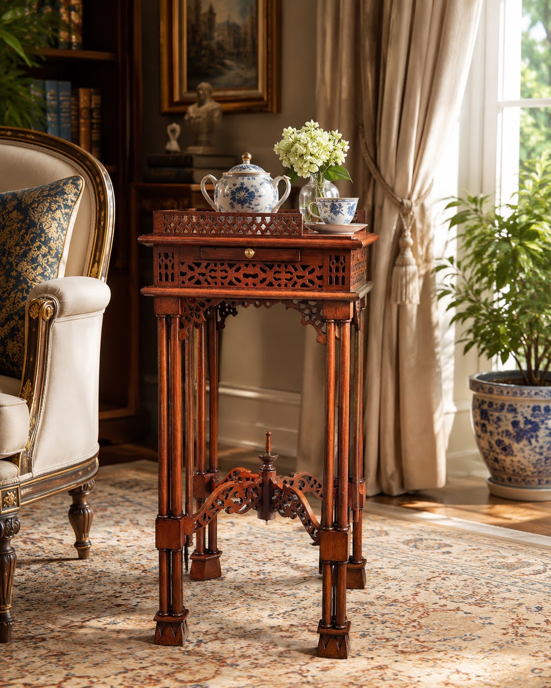 Chinese Chippendale Fretwork Tea Table (Square)