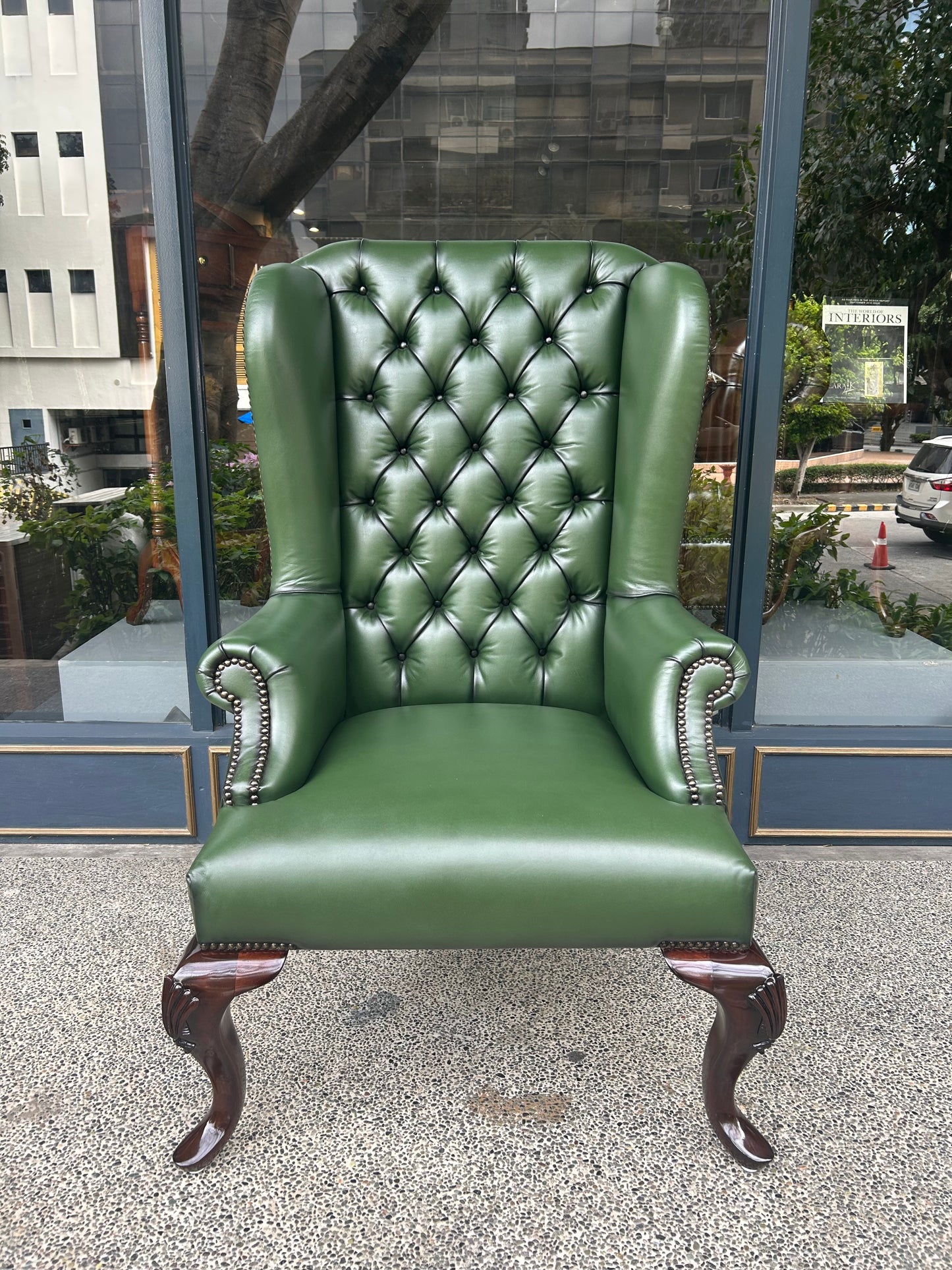 Queen Anne Tufted Wing Chair (Plain Arm|Fixed Seat-Full Cabriole)