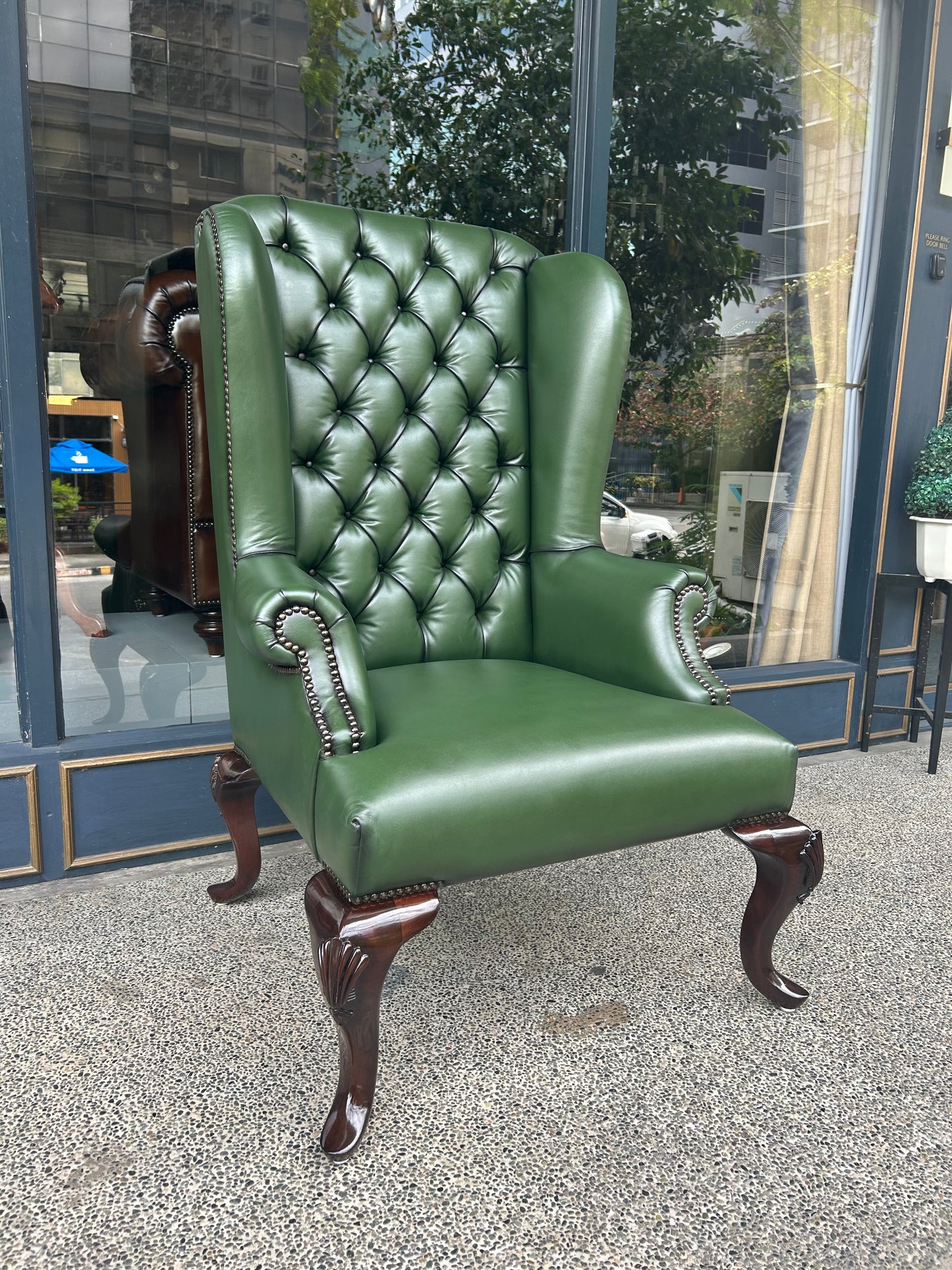 Queen Anne Tufted Wing Chair (Plain Arm|Fixed Seat-Full Cabriole)