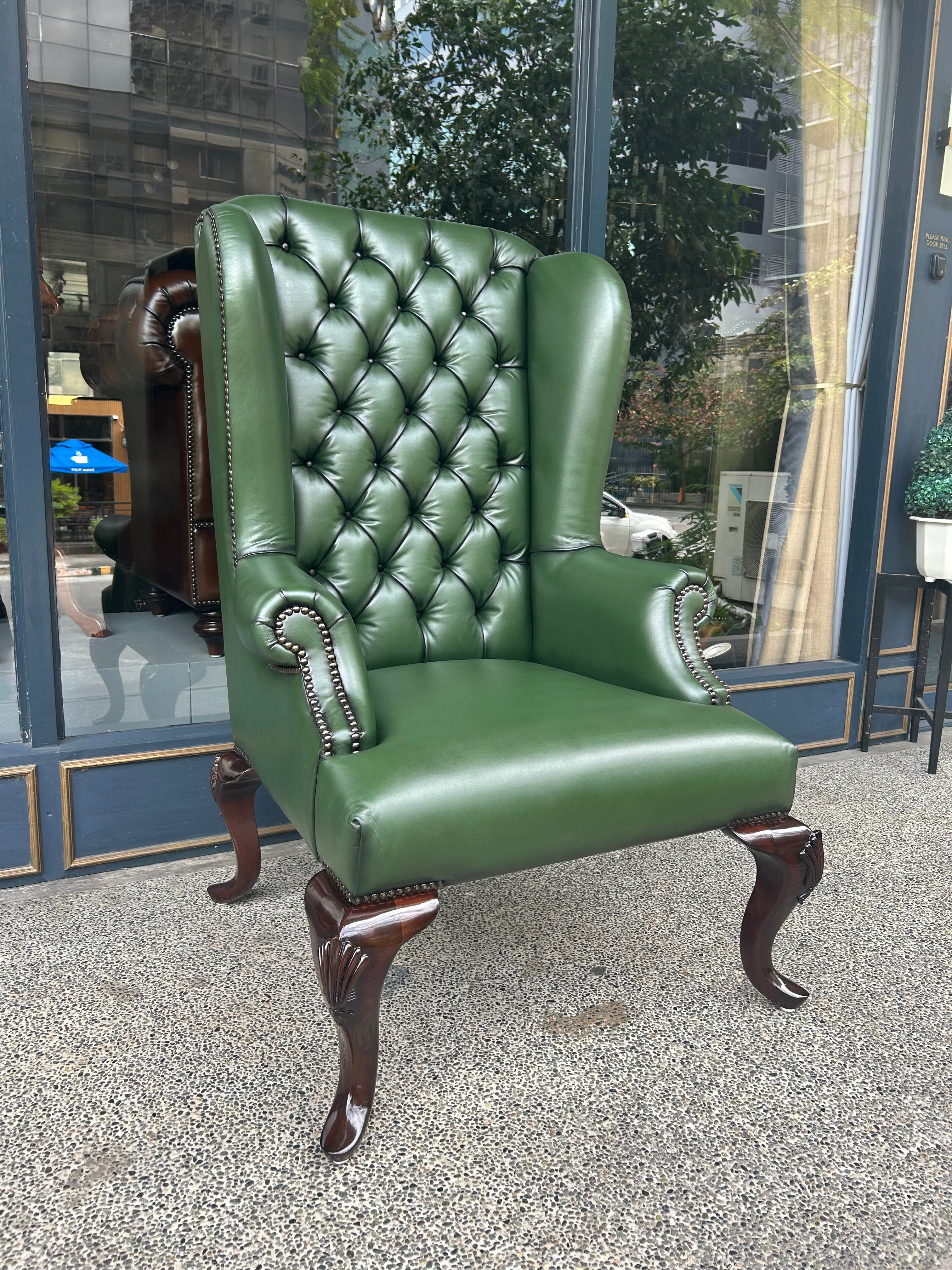 Queen Anne Tufted Wing Chair (Plain Arm|Fixed Seat-Full Cabriole)