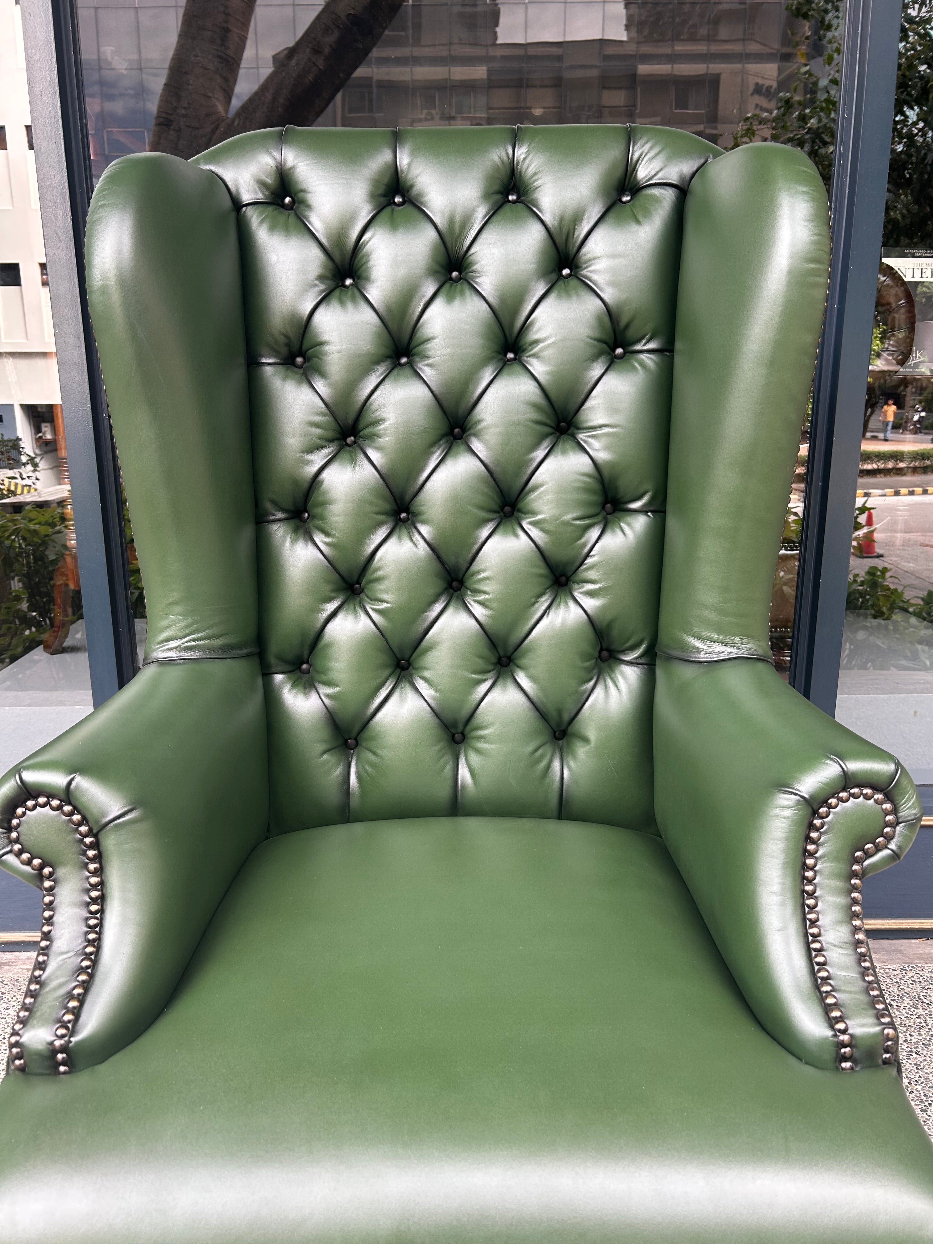 Queen Anne Tufted Wing Chair (Plain Arm|Fixed Seat-Full Cabriole)
