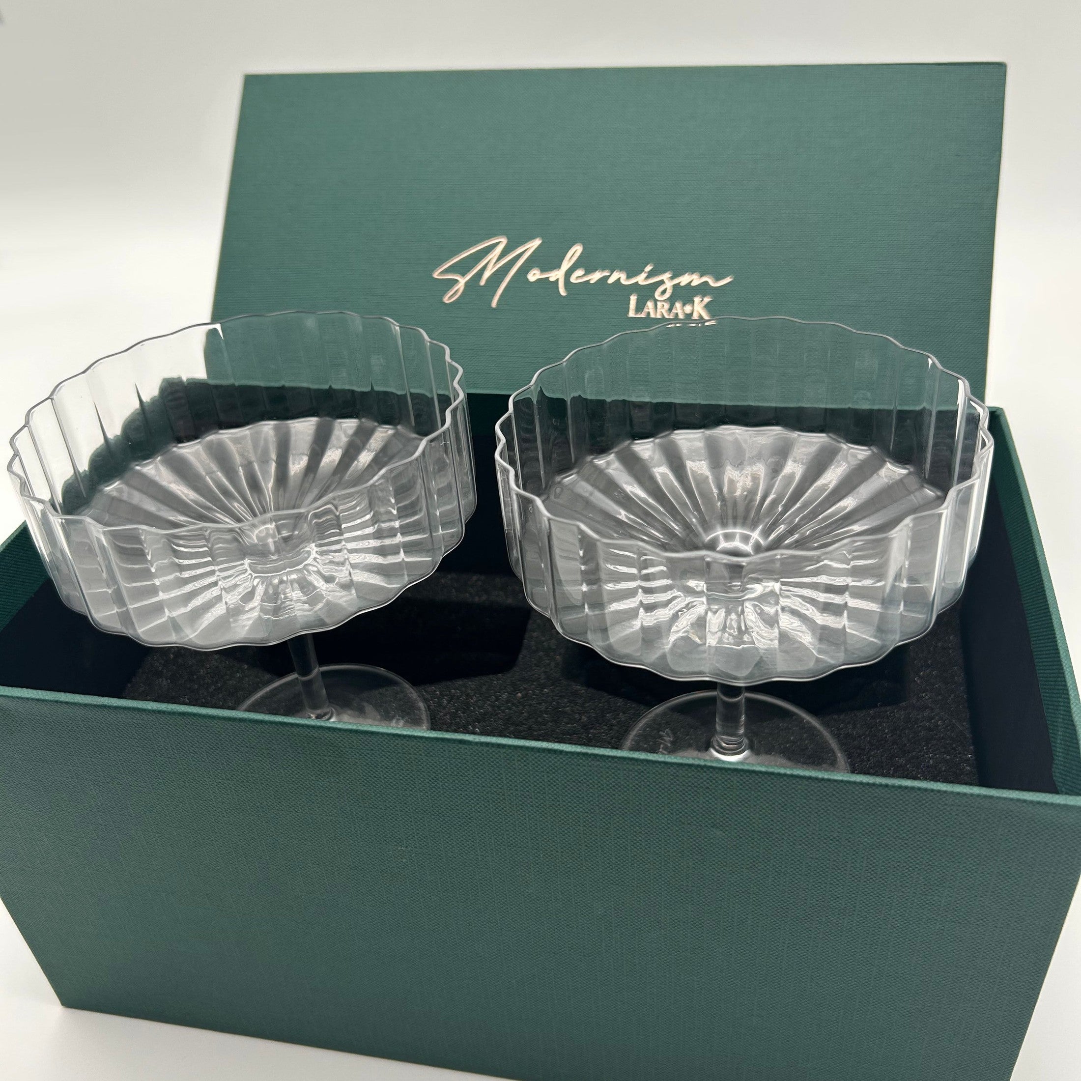 Modernism x Lara K. Crystal Champagne Coupe Glasses thomas-george-gallery