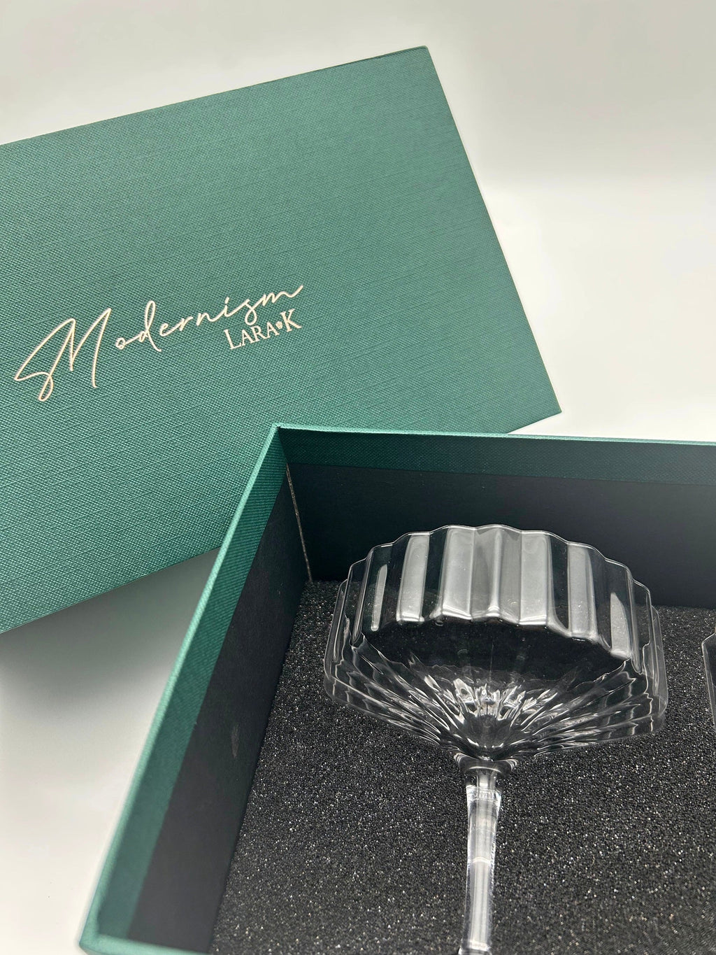 Modernism x Lara K. Crystal Champagne Coupe Glasses thomas-george-gallery