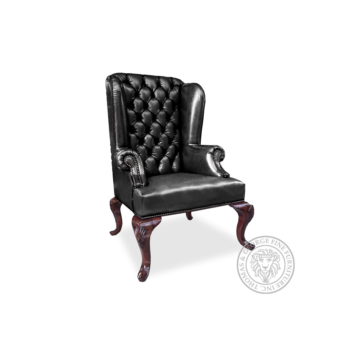 Queen Anne Tufted Wing Chair (Plain Arm|Fixed Seat-Full Cabriole)